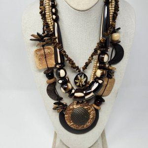 Lot of 4 boho wood nut shell tigers eye glass necklaces jewelry n3